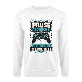 Pause gedrückt – Welt lädt - Unisex Pullover - Weiß - Vorne - Alina (178cm) & Michal (187cm)