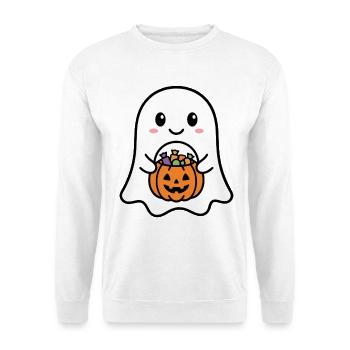Süßer Kawaii-Geist hält Kürbiskorb Halloween - Unisex Pullover - Weiß - Vorne - Alina (178cm) & Michal (187cm)