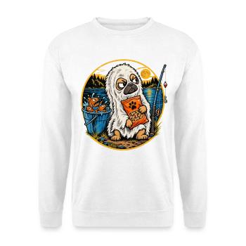 Halloween Mops im Lakenkostüm mit Leckerlis am - Unisex Pullover - Weiß - Vorne - Alina (178cm) & Michal (187cm)