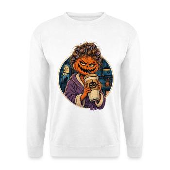Halloween Momster Kürbiskopf im Morgenmantel mit - Unisex Pullover - Weiß - Vorne - Alina (178cm) & Michal (187cm)