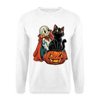 Halloween Katze auf Kürbis mit schüchternem - Unisex Pullover - Weiß - Vorne - Alina (178cm) & Michal (187cm)