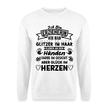 Ich bin Erzieherin ich habe Glitzer im Haar Spruch - Unisex Pullover - Weiß - Vorne - Alina (178cm) & Michal (187cm)