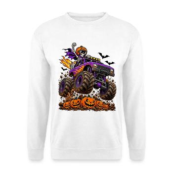 Skelett im Monstertruck: Halloween-Power - Unisex Pullover - Weiß - Vorne - Alina (178cm) & Michal (187cm)