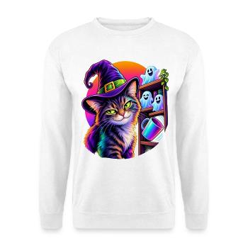 Halloween Katze mit Hexenhut und kippendem Objekt - Unisex Pullover - Weiß - Vorne - Alina (178cm) & Michal (187cm)