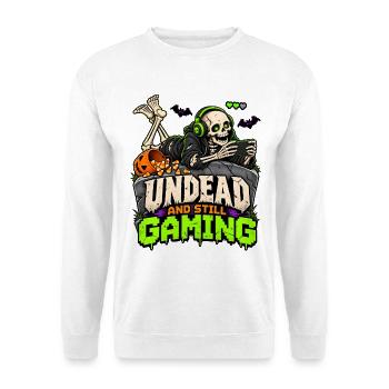Untot und Gaming: Skeletter mit Headset - Unisex Pullover - Weiß - Vorne - Alina (178cm) & Michal (187cm)