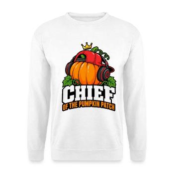 Kürbis Chef Patch Kopfhörer - Unisex Pullover - Weiß - Vorne - Alina (178cm) & Michal (187cm)