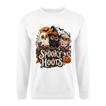 Spooky Hoots Halloween Eulen Trio - Unisex Pullover - Weiß - Vorne - Alina (178cm) & Michal (187cm)