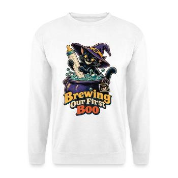 Halloween Brewing Our First Boo werdender Vater - Unisex Pullover - Weiß - Vorne - Alina (178cm) & Michal (187cm)