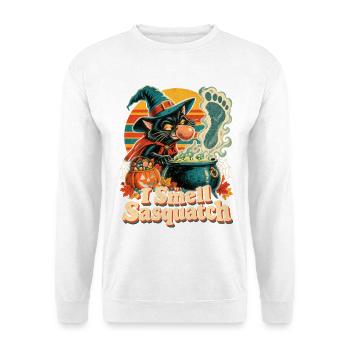 Halloween Hexenkatze I Smell Sasquatch Retro - Unisex Pullover - Weiß - Vorne - Alina (178cm) & Michal (187cm)