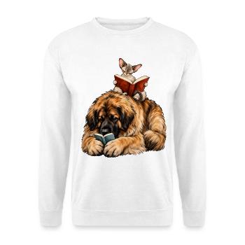 Leonberger & Devon Rex beim Lesen – Bücherfans - Unisex Pullover - Weiß - Vorne - Alina (178cm) & Michal (187cm)