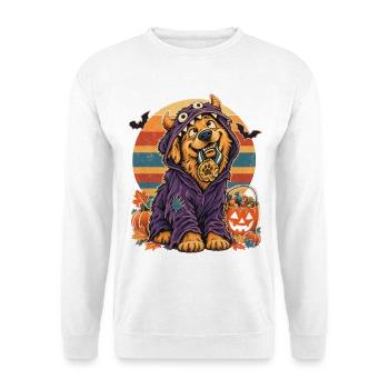 Halloween Hund im Monsterkostüm Retro Sonne für - Unisex Pullover - Weiß - Vorne - Alina (178cm) & Michal (187cm)