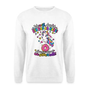 Ich weiß dass ich ein Rad ab habe | Einhorn - Unisex Pullover - Weiß - Vorne - Alina (178cm) & Michal (187cm)