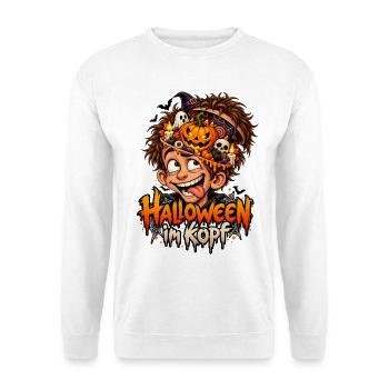 Lustiges Halloween-Motiv Halloween im Kopf - Unisex Pullover - Weiß - Vorne - Alina (178cm) & Michal (187cm)