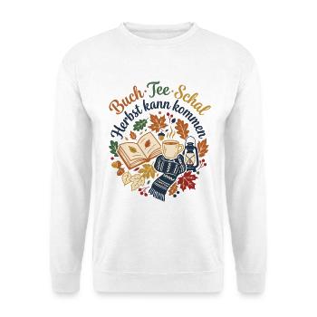 Herbstzeit - Tee Buch Schal - Unisex Pullover - Weiß - Vorne - Alina (178cm) & Michal (187cm)