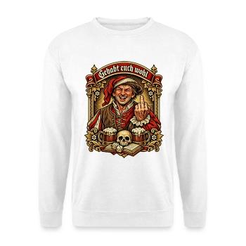 Freches Festbier - Hofnarr: Bier, Würfel, Schädel - Unisex Pullover - Weiß - Vorne - Alina (178cm) & Michal (187cm)