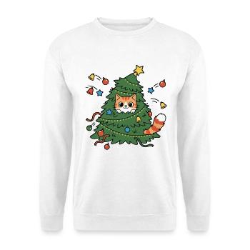 Ungezogene Kawaii-Katze im Weihnachtsbaum-Chaos - Unisex Pullover - Weiß - Vorne - Alina (178cm) & Michal (187cm)