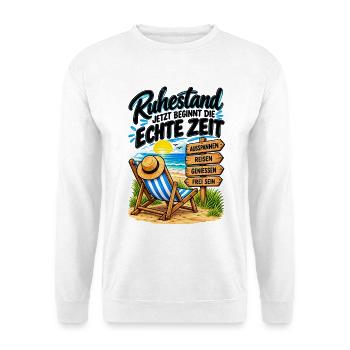 Ruhestand: Echte Zeit am Strand - Unisex Pullover - Weiß - Vorne - Alina (178cm) & Michal (187cm)