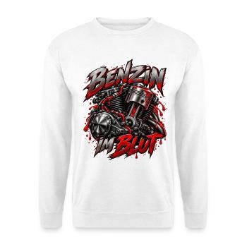 Mottorad - Benzin im Blut Motorradfahren Biker/in - Unisex Pullover - Weiß - Vorne - Alina (178cm) & Michal (187cm)