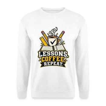 Lessons Coffee Repeat – Lehrer T-Shirt - Unisex Pullover - Weiß - Vorne - Alina (178cm) & Michal (187cm)