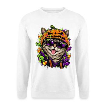 Halloween Katze mit Kürbiskopf - Unisex Pullover - Weiß - Vorne - Alina (178cm) & Michal (187cm)