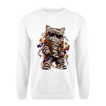 Halloween Mumienkatze mit Süßkram - Unisex Pullover - Weiß - Vorne - Alina (178cm) & Michal (187cm)