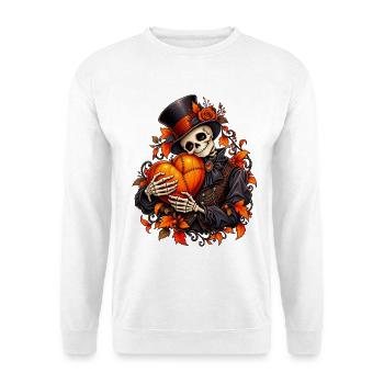 Gothic Skelett mit Kürbis Herz zu Halloween - Unisex Pullover - Weiß - Vorne - Alina (178cm) & Michal (187cm)