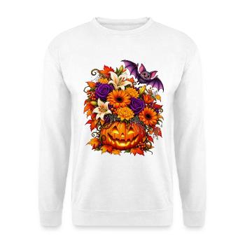 Halloween Kürbis mit Herbstblumen & Fledermaus  - Unisex Pullover - Weiß - Vorne - Alina (178cm) & Michal (187cm)
