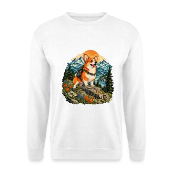 Wandernder Corgi im Bergwald - Unisex Pullover - Weiß - Vorne - Alina (178cm) & Michal (187cm)