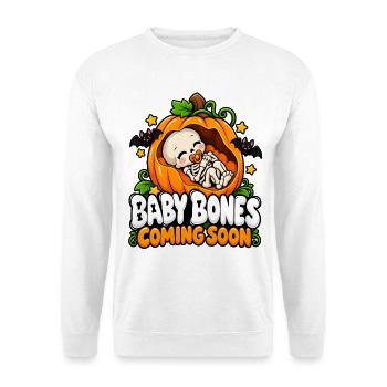 Kürbis-Skelett Baby Bones Ankündigung - Unisex Pullover - Weiß - Vorne - Alina (178cm) & Michal (187cm)