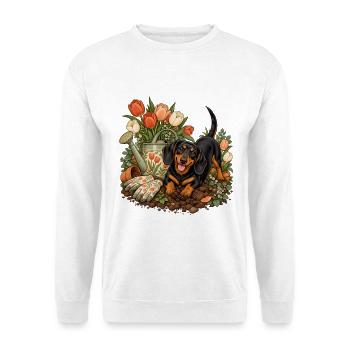Garten-Dackel Tulpenliebe - Unisex Pullover - Weiß - Vorne - Alina (178cm) & Michal (187cm)