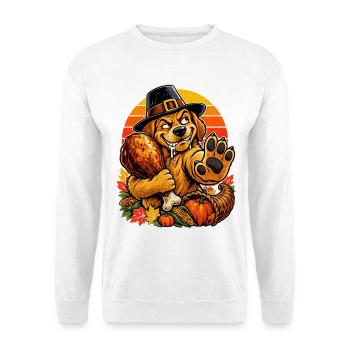 Thanksgiving Hund verteidigt Truthahn Retro - Unisex Pullover - Weiß - Vorne - Alina (178cm) & Michal (187cm)