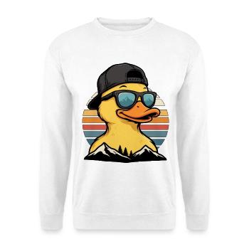 Retro Entenmotiv mit Sonnenbrille - Unisex Pullover - Weiß - Vorne - Alina (178cm) & Michal (187cm)