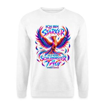 Ich bin stärker als mein schlimmster Tag- Phönix - Unisex Pullover - Weiß - Vorne - Alina (178cm) & Michal (187cm)