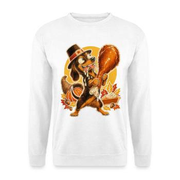 Thanksgiving Dackel mit Truthahn-Drumstick - Unisex Pullover - Weiß - Vorne - Alina (178cm) & Michal (187cm)