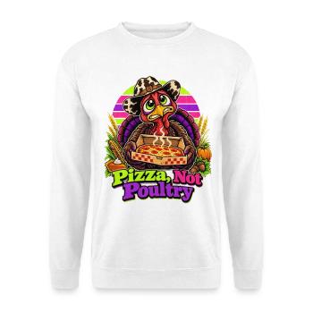 Thanksgiving-Truthahn mit Pizza-Cowboy-Spruch - Unisex Pullover - Weiß - Vorne - Alina (178cm) & Michal (187cm)