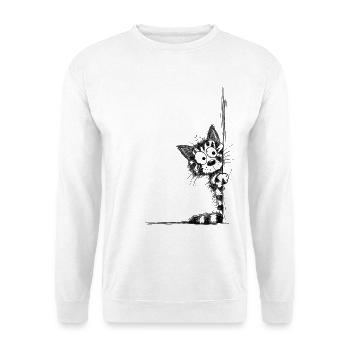 Getigerte Katze Sketch schaut um die Ecke - Unisex Pullover - Weiß - Vorne - Alina (178cm) & Michal (187cm)