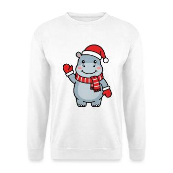 Niedliches Kawaii-Nilpferd, das den Weihnachtsmann-Schal winkt – Weihnachten - Unisex Pullover - Weiß - Vorne - Alina (178cm) & Michal (187cm)