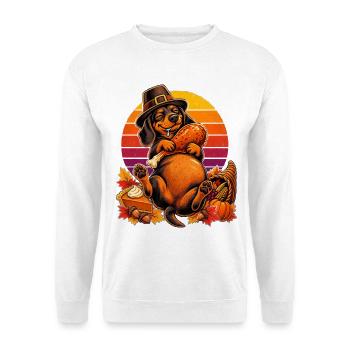 Thanksgiving Dackel satt im Truthahn-Traum - Unisex Pullover - Weiß - Vorne - Alina (178cm) & Michal (187cm)