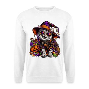 Bunte Halloween Hexenkatze mit Süßem - Unisex Pullover - Weiß - Vorne - Alina (178cm) & Michal (187cm)