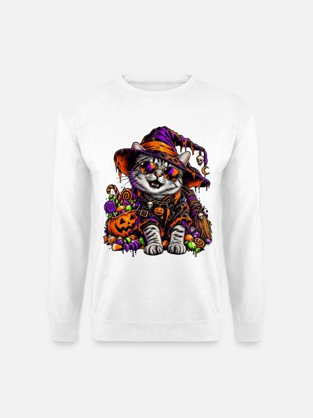 Bunte Halloween Hexenkatze mit Süßem - Unisex Pullover - Weiß