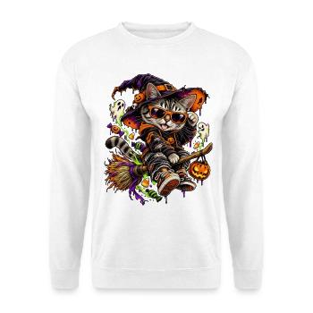 Halloween Hexenkatze auf Besen - Unisex Pullover - Weiß - Vorne - Alina (178cm) & Michal (187cm)