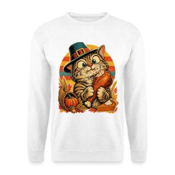 Thanksgiving-Katze mit erwischtem Truthahn - Unisex Pullover - Weiß - Vorne - Alina (178cm) & Michal (187cm)