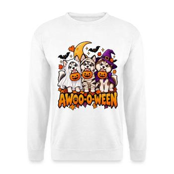 Halloween-Wau: Drei Welpen im Kürbis - Unisex Pullover - Weiß - Vorne - Alina (178cm) & Michal (187cm)