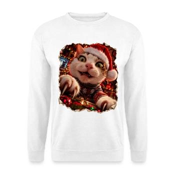 Verrückte Weihnachtskatze – Bescherung mit Krallen - Unisex Pullover - Weiß - Vorne - Alina (178cm) & Michal (187cm)