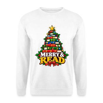 Merry & Read Buch-Weihnachtsbaum - Unisex Pullover - Weiß - Vorne - Alina (178cm) & Michal (187cm)