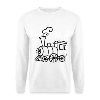 Handgezeichnete Dampflok mit Rauchkringeln - Unisex Pullover - Weiß - Vorne - Alina (178cm) & Michal (187cm)