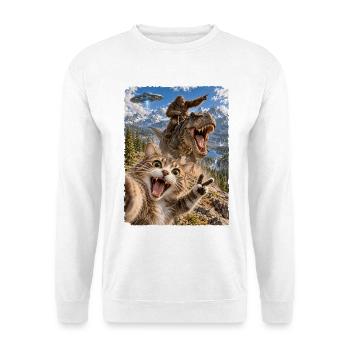 Lustiges Katze Selfie mit Bigfoot, T-Rex, UFO - Unisex Pullover - Weiß - Vorne - Alina (178cm) & Michal (187cm)