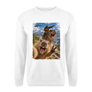 Lustiges Capybara Selfie mit Bigfoot, T-Rex, UFO - Unisex Pullover - Weiß - Vorne - Alina (178cm) & Michal (187cm)