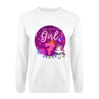Happy Birthday Girl 7 Einhorn Siebter Geburtstag - Unisex Pullover - Weiß - Vorne - Alina (178cm) & Michal (187cm)