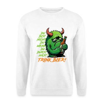 Grüner Trinkdämon mit Bierflasche - Unisex Pullover - Weiß - Vorne - Alina (178cm) & Michal (187cm)